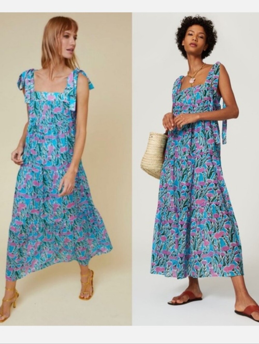 WARM Maxi Dress Tiered Sleeveless Flowy Boho Summer Cotton Blue Painter Floral L